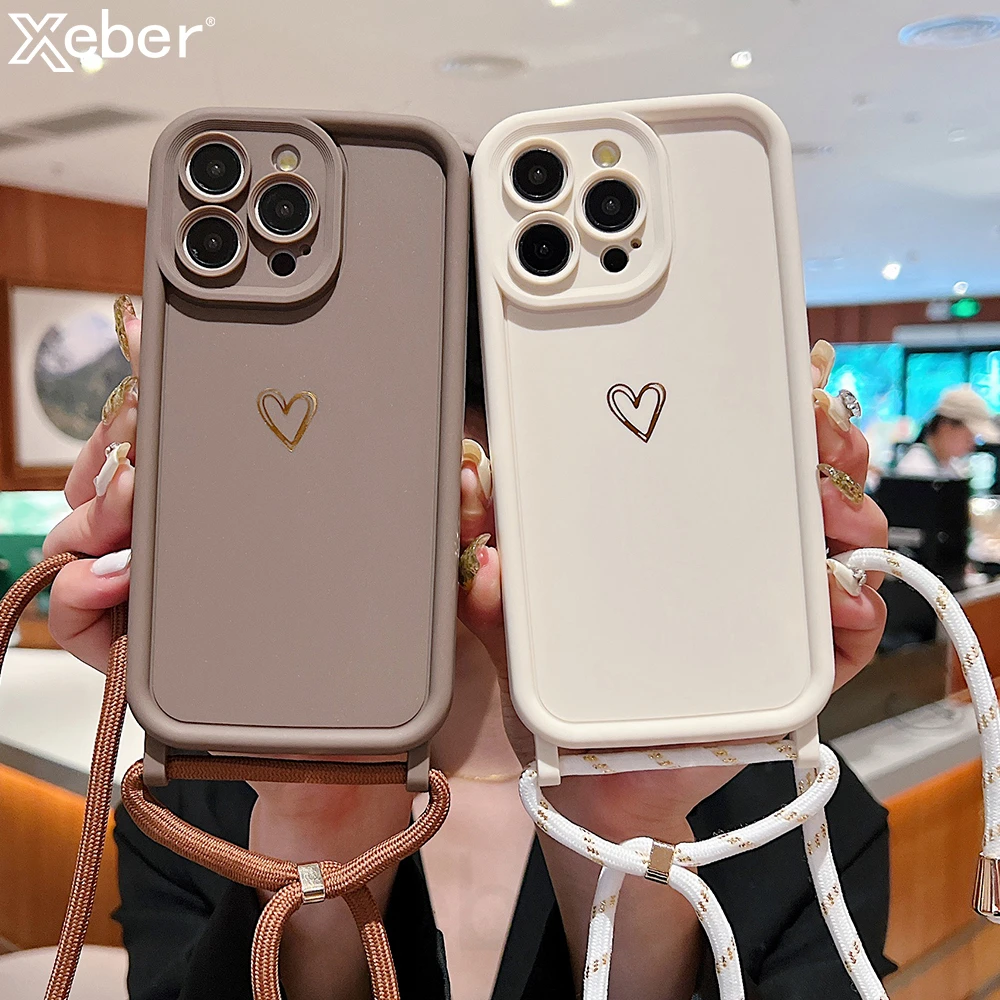 Heart-Embellished Thickened Silicone Crossbody Lanyard Phone Case - Soft Protective Cover