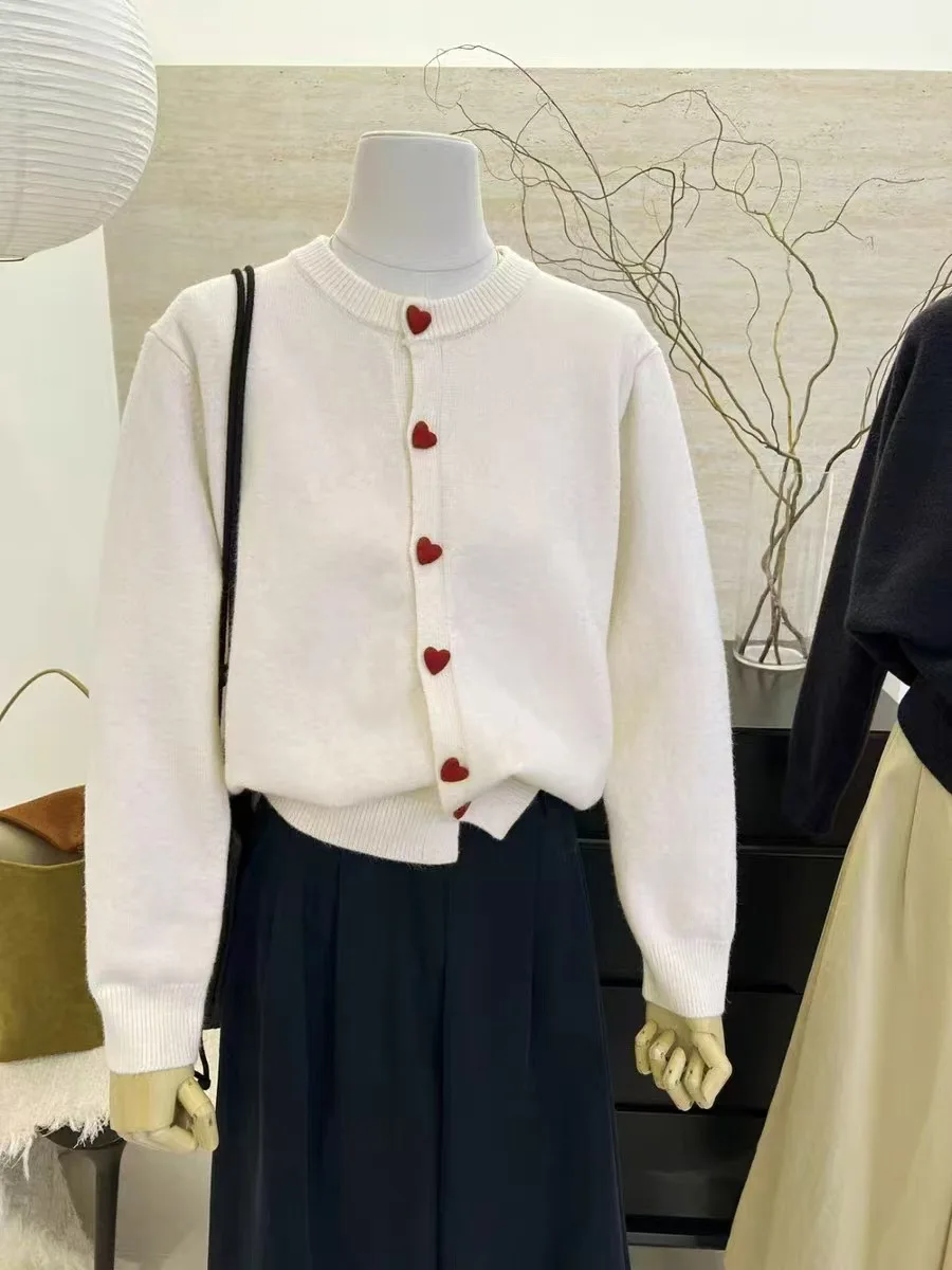 Deep Grey Wool Knitted Cardigan For Women 2025 Autumn Winter Soft And Sticky Warm Love Buckle Shoulder Sleeves