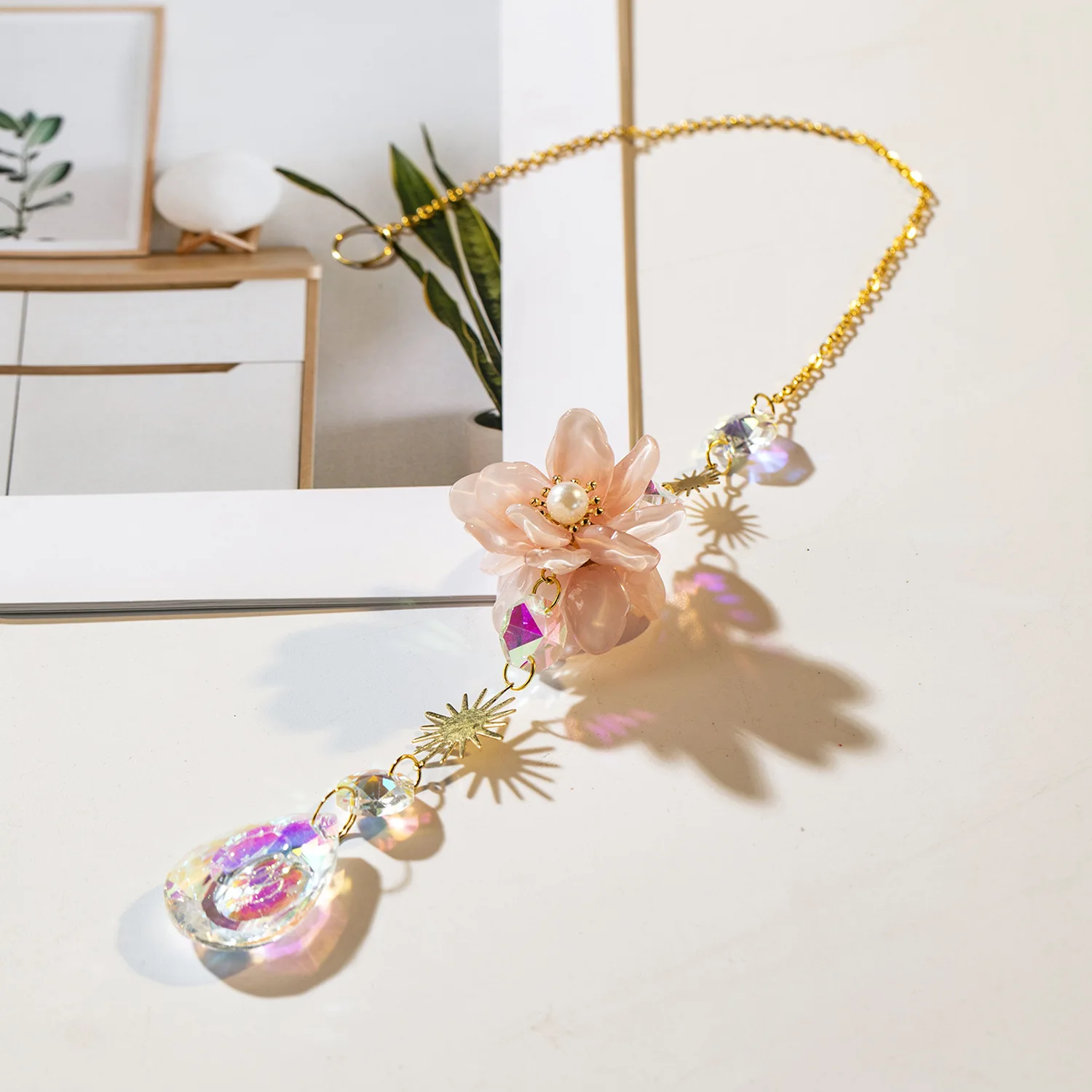 42cm Suncatcher Crystal Rainbow Maker Flower with Pink Stone Home Outdoor Garden Wedding Party Decoration Women Gift sun catcher,sun catchers