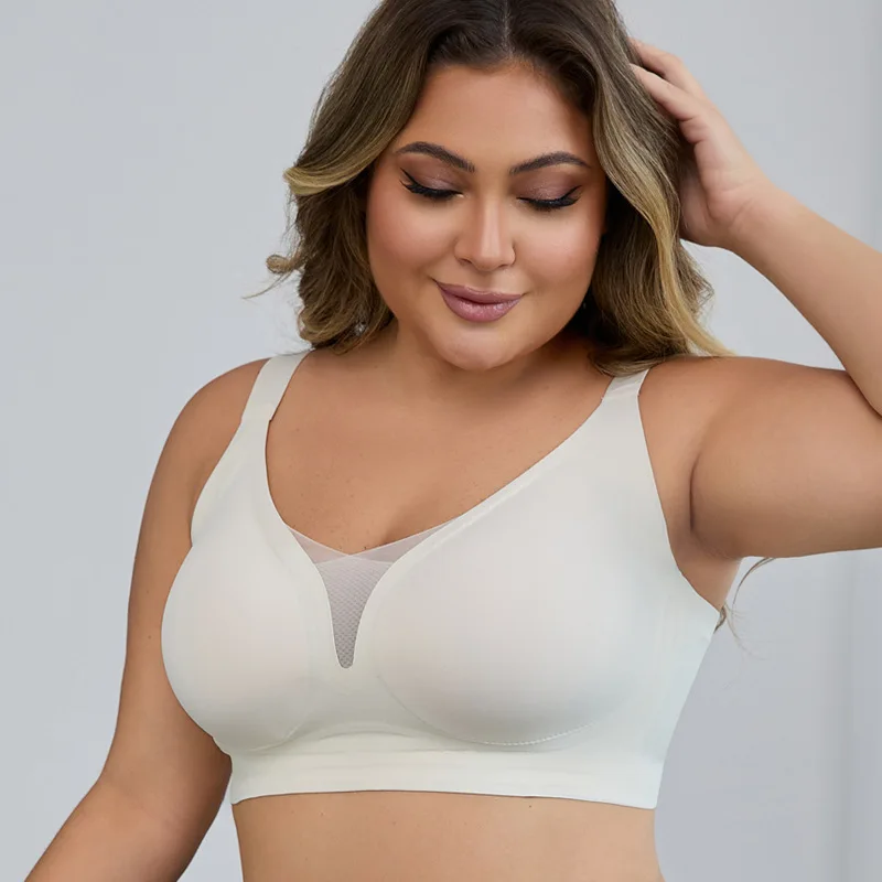 plus Size Wirel Bra for Women Cross-Border Full Cup Gathered Comfortable Underwear Nylon Fabric Fixed Strap with Pads
