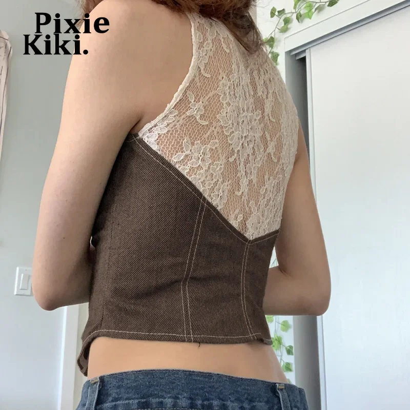 PixieKiki Retro Lace Patchwork Crop Top Y2k Aesthetic Fairy Core