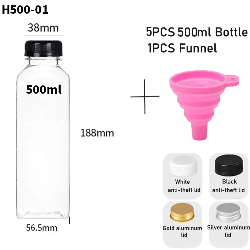 5-Pack Reusable Clear Plastic Bottles with Caps and Folding Funnel for DIY Juicing and Smoothies