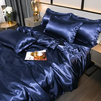 Parure de lit nordique en Satin de soie, avec housse de couette, drap et taies d'oreiller, de luxe, solide, simple, Double, pour Couple 1