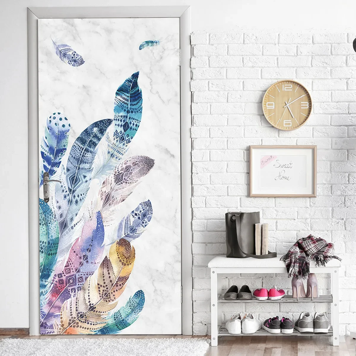 

Настенная Наклейка на дверь с рисунком падающих перьев, самоклеящаяся наклейка для домашней двери, красочное крыло, абстрактная линия, плакат на дверь гардероба