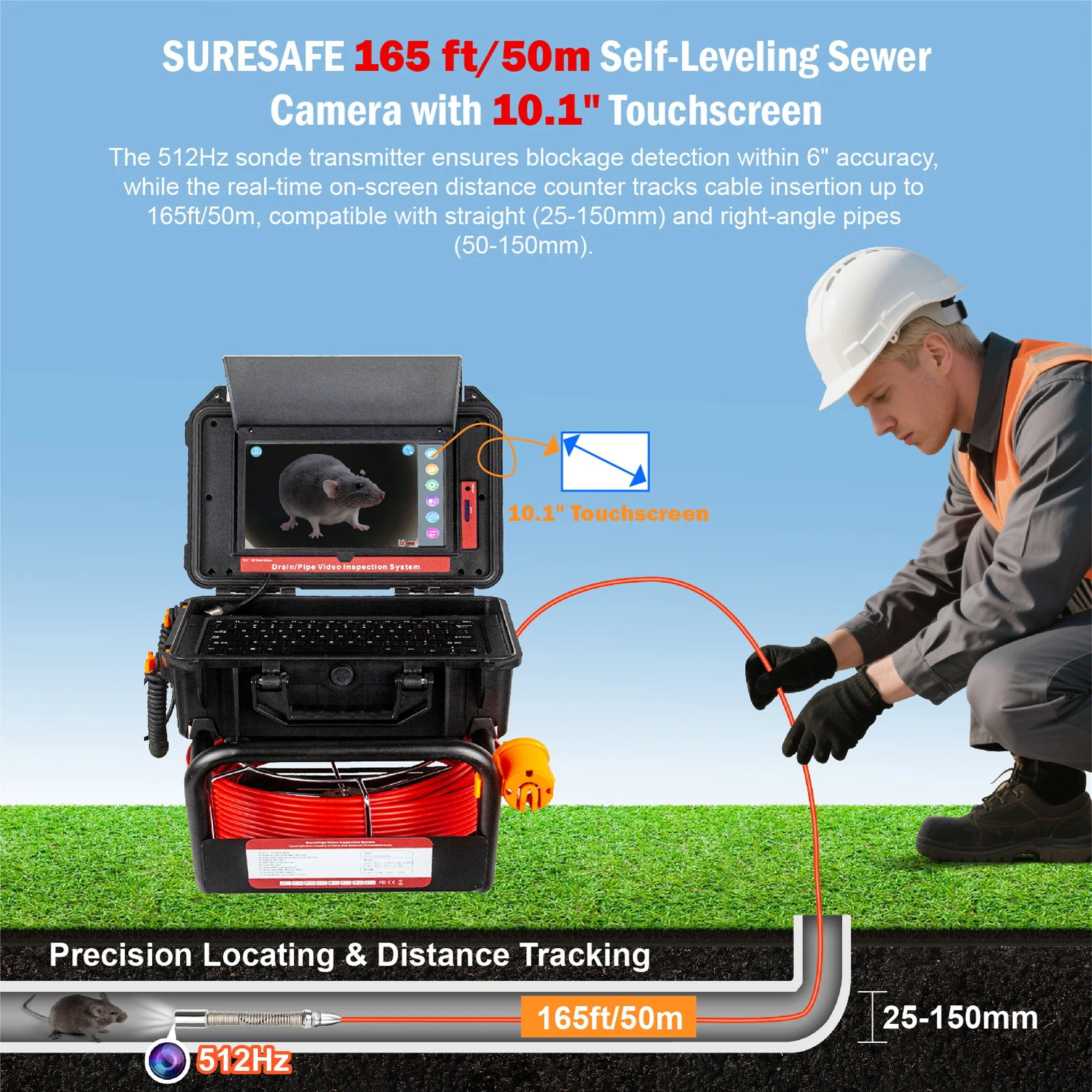 Pipe Inspection Camera and 512HZ Locator Self-Leveling Distanc Counter Sewer Camera with keybord and 7mm Cable 10.1in HD Screen 2