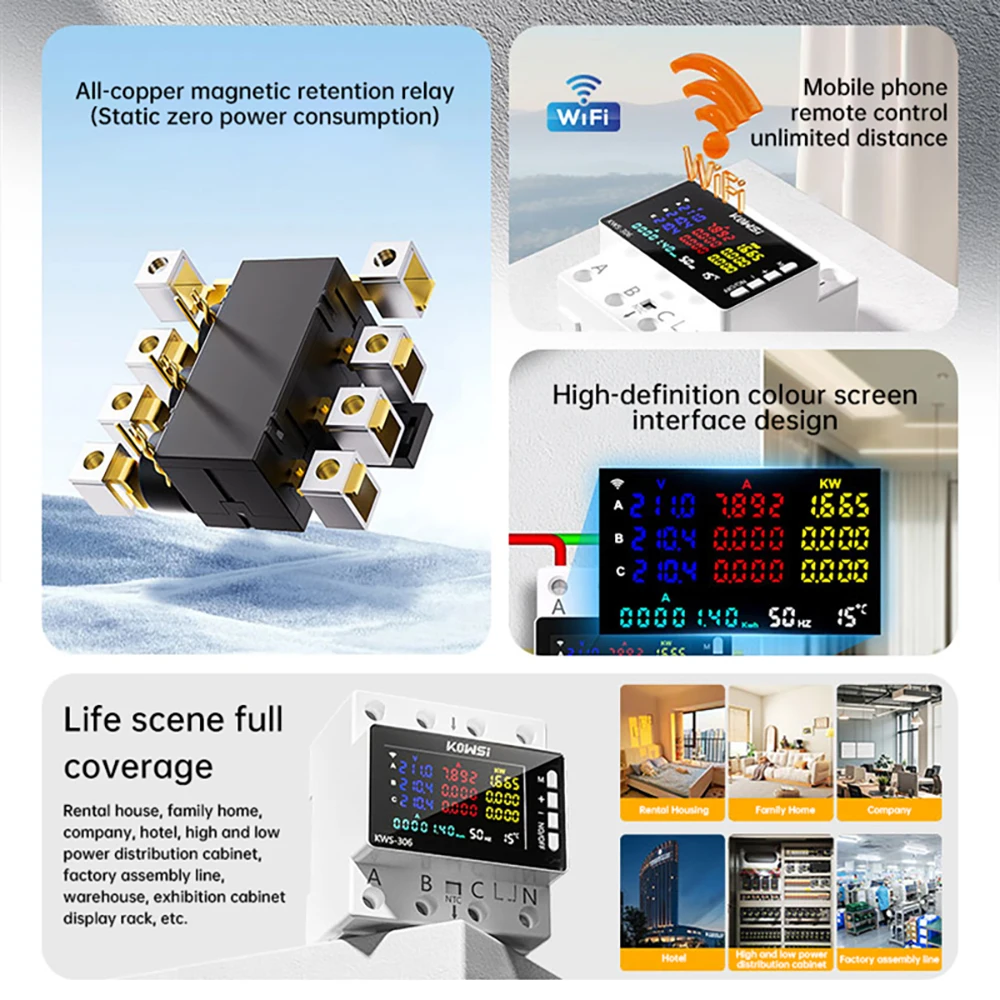 Умный Wi-Fi счетчик электроэнергии реле напряжения KWS-306WF 3 фазы 380В 80A