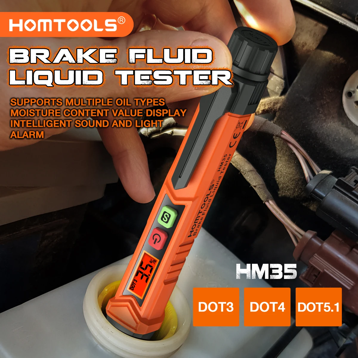 HOMTOOLS HM35 Brake Fluid Liquid Tester LCD Digital Brake Oil Detecting Pen Automobile Fluid Content Detector with Alarm