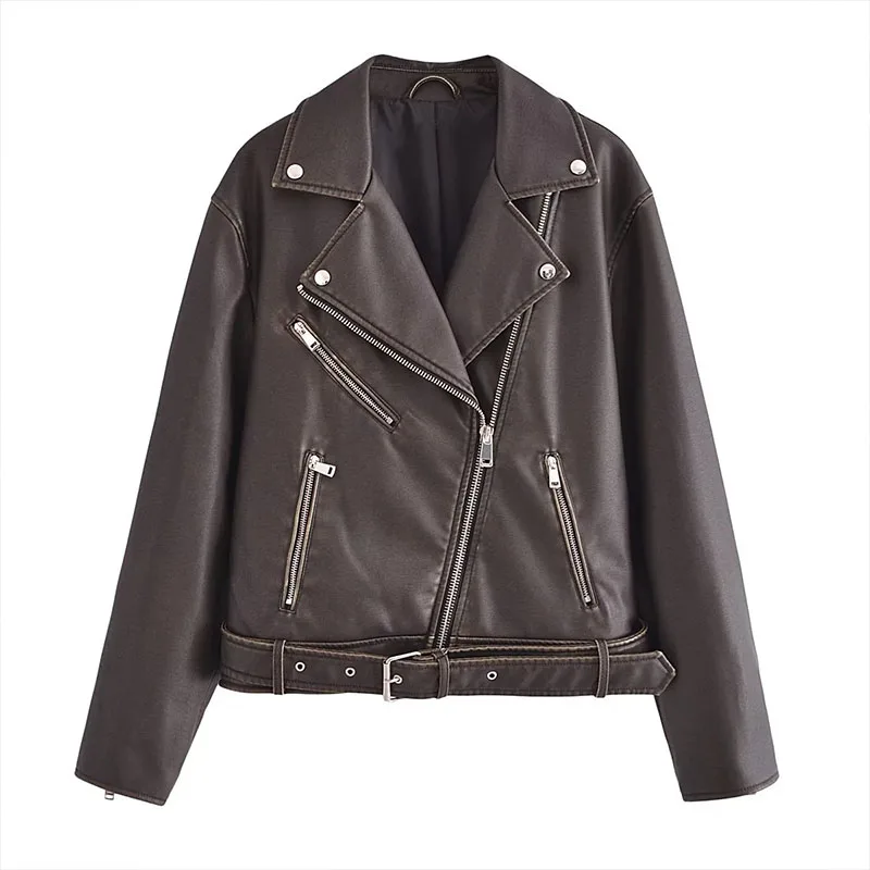 

Winter Women's Outwear 2023 New Casual Fashion Classic Retro Washed Faux Leather Biker Jacket Coat Zipper Belt Trim Jacket