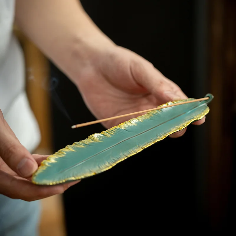 0027 Handmade Ceramic One Leaf Incense Burner Household Indoor Zen Bedroom Incense Burner Sandalwood Thread
