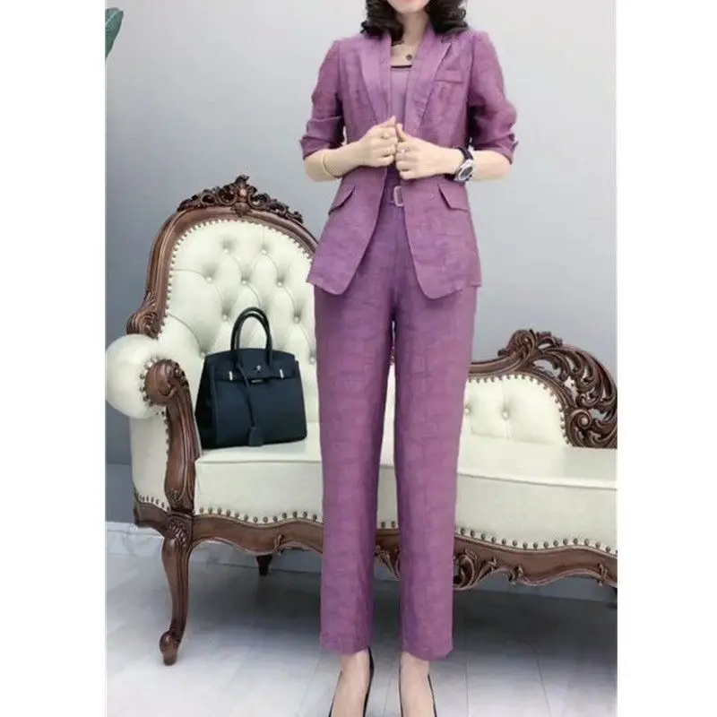 Internet Celebrity Temperament Suit for Women's Summer New Korean Version Slimming Suit+suspender Harlan Pants Three Piece Set
