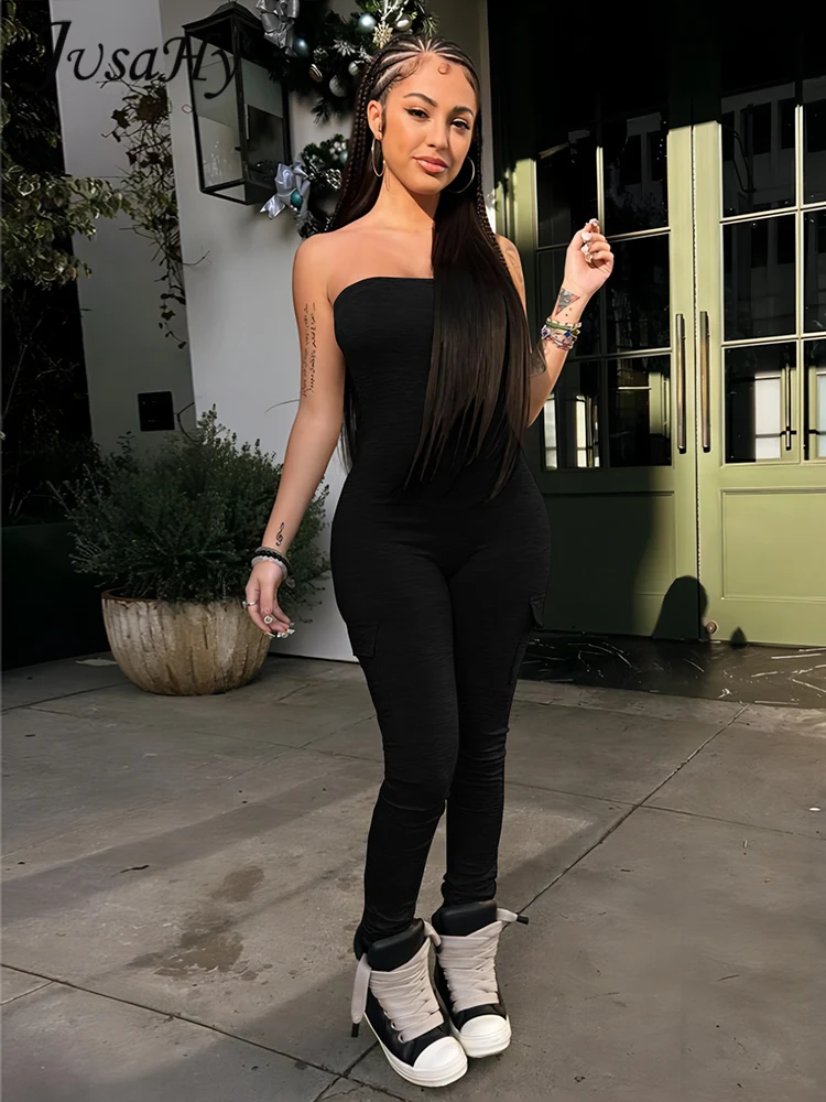 

JusaHy Women's Classic Chest Sexy&Party Playsuit Elastic Skinny Tight Flare Pants Tank Pocket Jumpsuit Summer New High Street