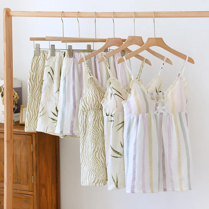 2024 Summer New Women's Two Piece Set of 100% Pure Cotton Crepe Cloth with Chest Cushion Sleepwear Sweet and Cute Home Fury