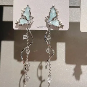 Temperament Blue Glazed Butterfly Dangle Earrings For Women Rhinestone Pearl Tassel Pendant Ear Rings Party Lady Jewelry Gifts