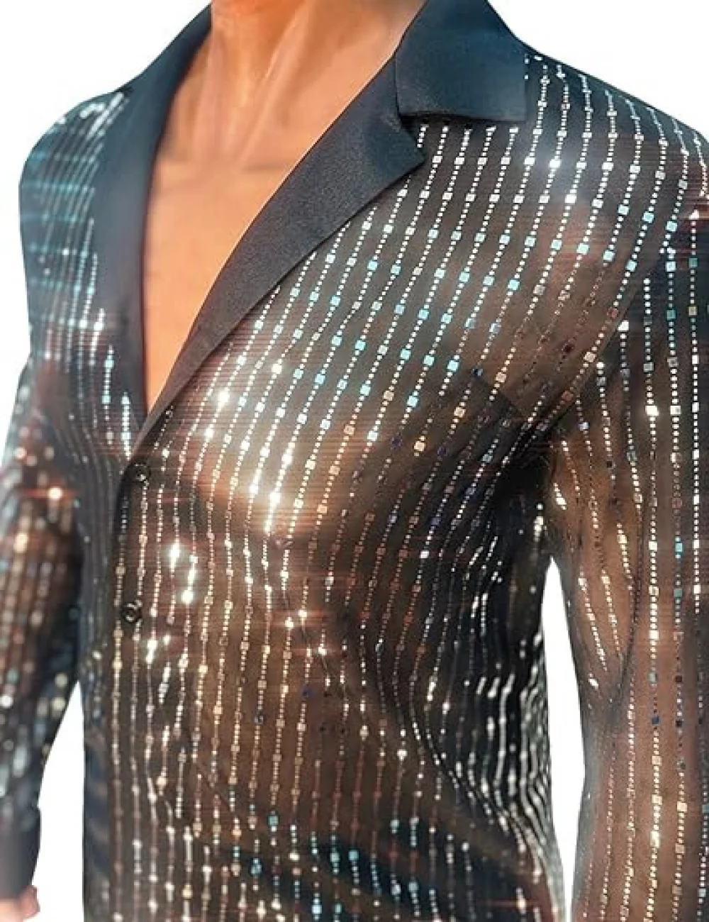 Men shiny sequins long sleeve button-down shirt disco party shirt night clubwear prom dance performance tops halloween costumes