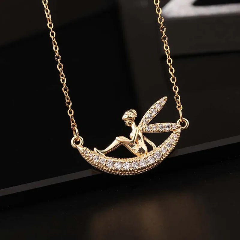 

Necklace for Women's Gold Plated Exquisite Crystal Zircon Hollow Moon Elf Pendant Popular Fashion Jewelry Gifts
