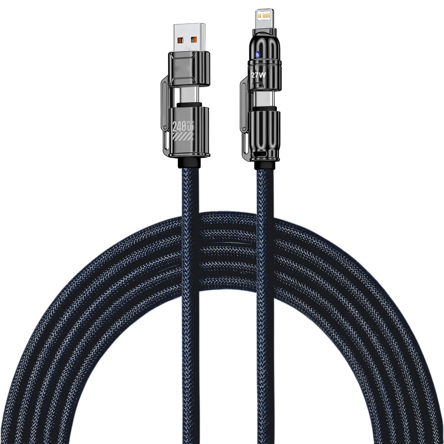 240W 1.8M 초고속 충전 4 in 1 데이터 케이블 듀얼 타입-C+라이트닝+USB 포트 아이폰 삼성 화웨이용 휴대폰 충전 케이블