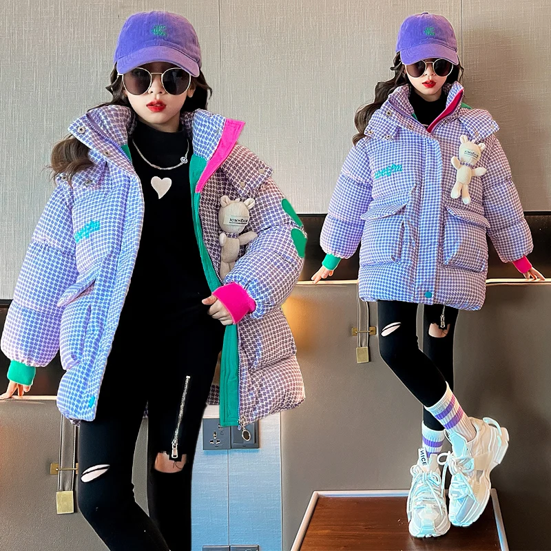 Girls Short Parkas Winter Cotton Jacket Houndstooth Fashion Spliced Hooded children jackets,girls coat,down jacket