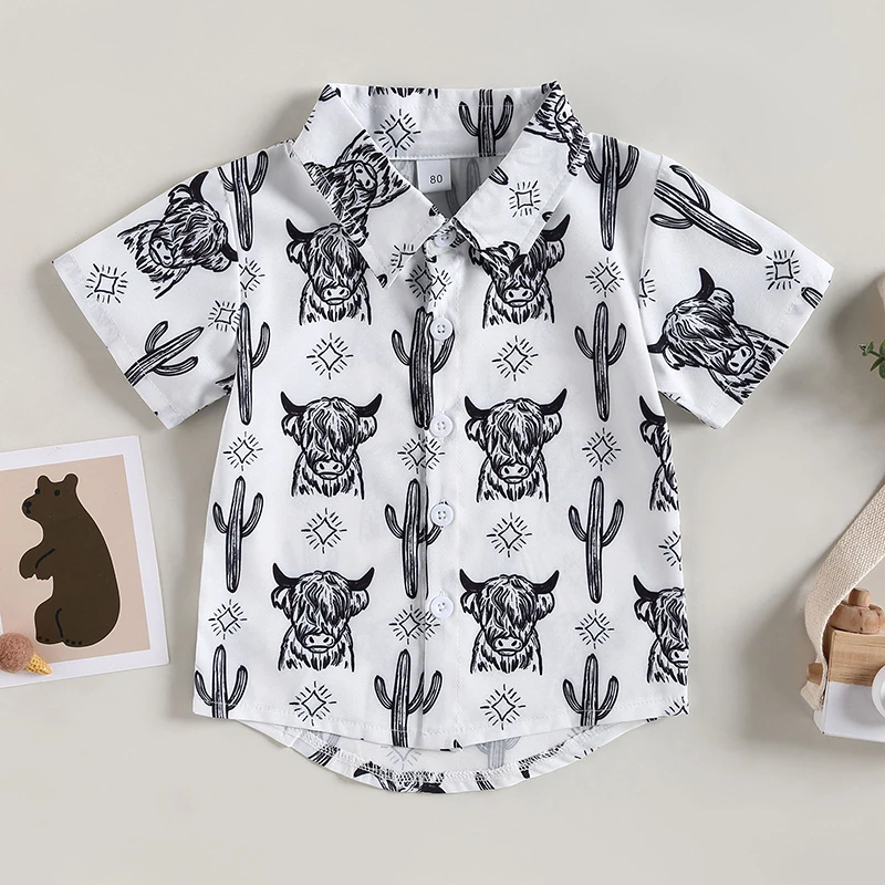 Fashion Summer Baby Boys Shirts Cattle Cactus Graphic Print Short Sleeve Button Shirts For Kids Blouse Tops Children Clothing