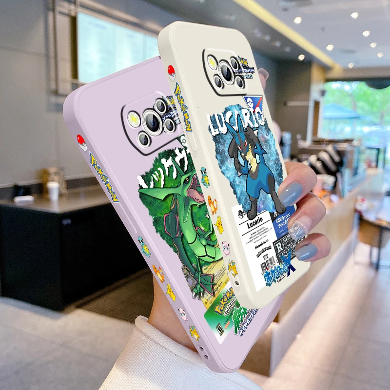 Pokemon Mewtwo Riolu Rayquaza Liquid Left Rope Per Xiaomi Mi Poco X5 X4 X3 M6 M5 M5S M4 M3 F5 F4 F3 C55 C40 Pro 5G Funda