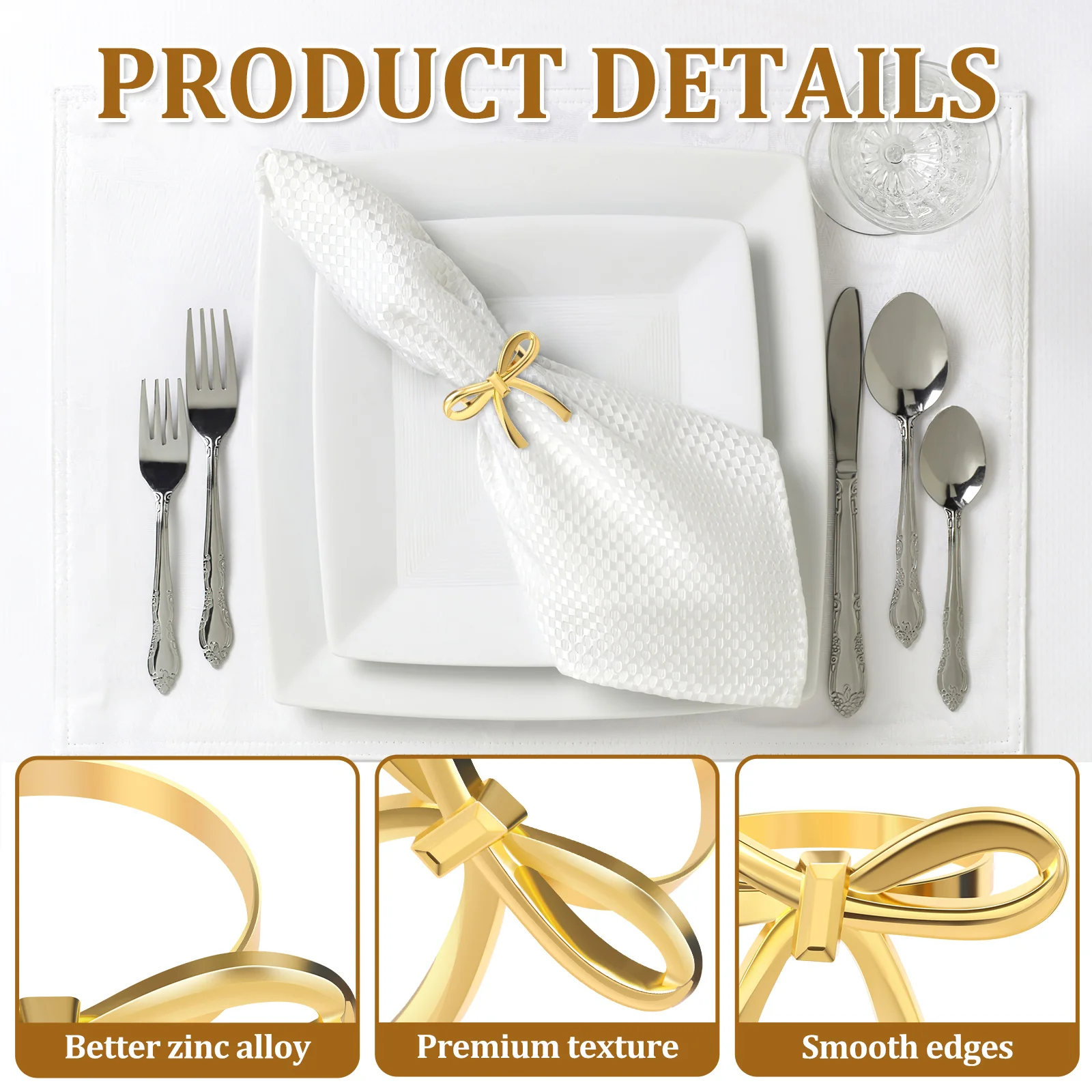 18/30 Pcs Gold Napkin Ring Bow Napkin Rings Reusable Metal Napkins Holder for Wedding Party Dinner Hotel and Table Decoration