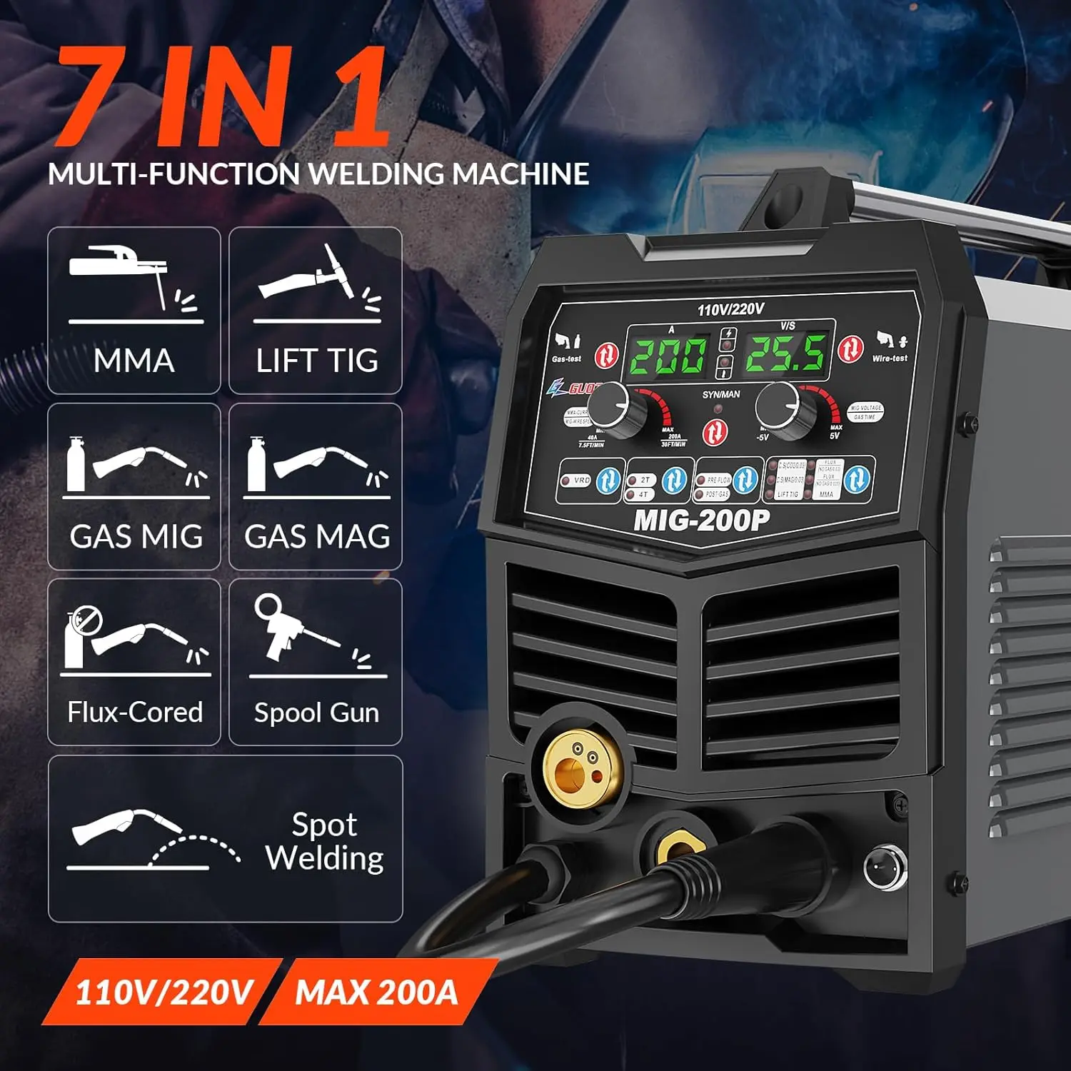 200A MIG Welder 7 in 1 Gas MIG/MAG/Gasless Flux Core MIG/Lift TIG/Stick/Spot Welding/Spool Gun Multi-Process Aluminum Mig 2
