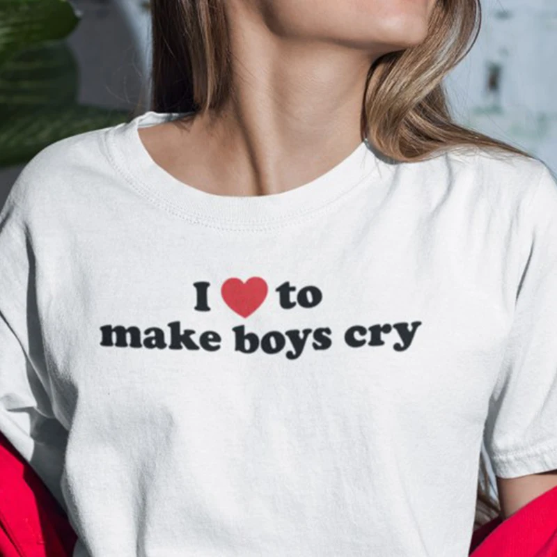 

Футболка женская с надписью I Love Make Boys Cry, модная рубашка с коротким рукавом и круглым вырезом, Топ в стиле бойфренда, лето