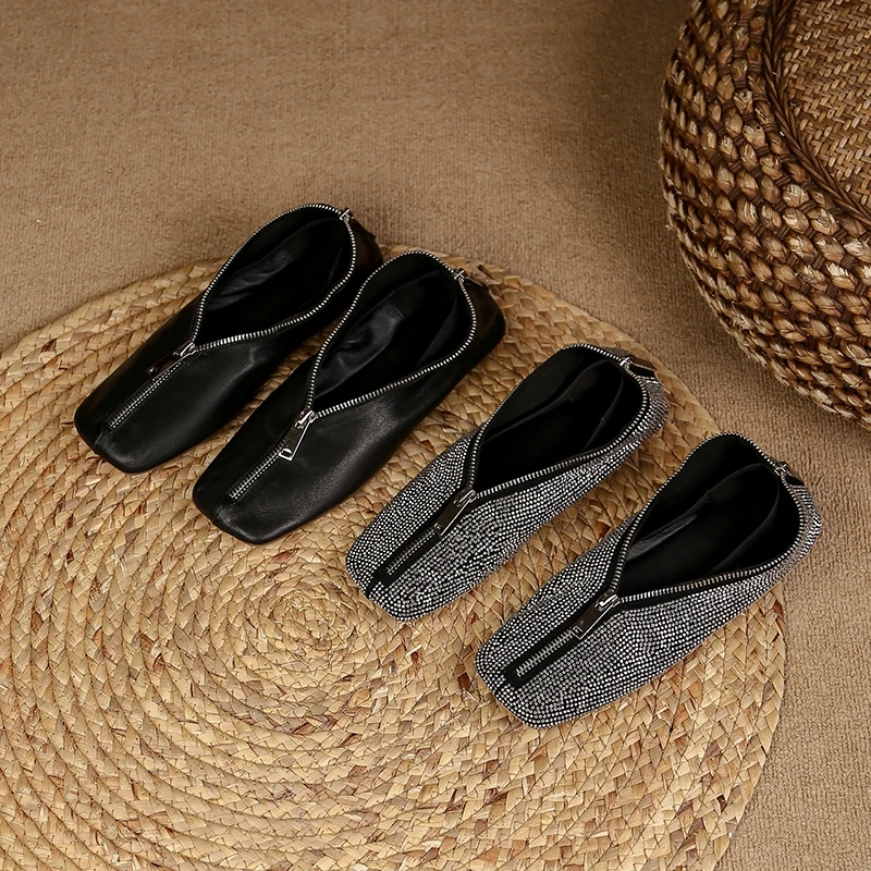 Women's New Spring and Autumn Square Headed Leather Zipper with Diamond Embedding for Comfortable Low Heel Lefu Single Shoes