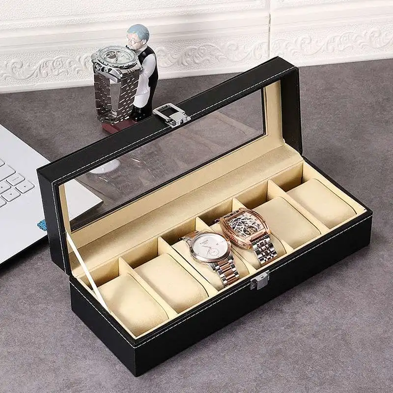 Classical 6 Slots Watch Display Box PU Leather With Lock for Men and Women