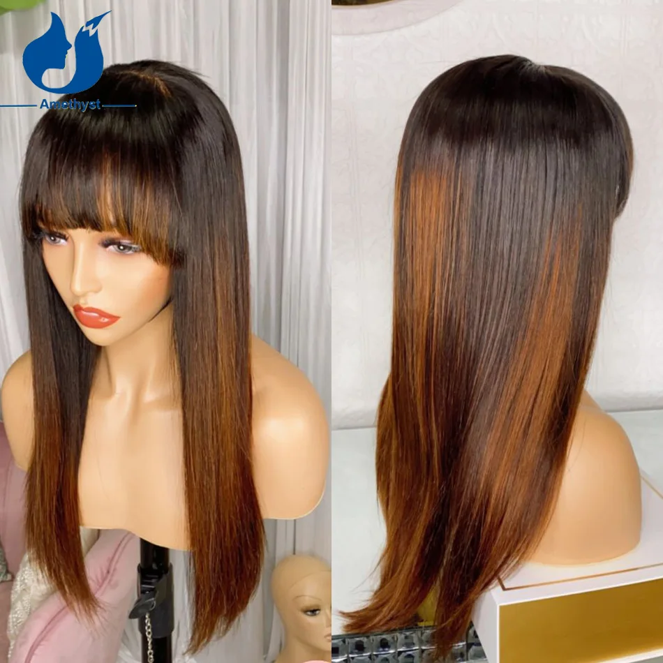 

Amethyst Highlight Blonde Straight Human Hair Wigs With Bangs For Women Brazilian Remy Scalp Top Full Machine Made Fringe Wig