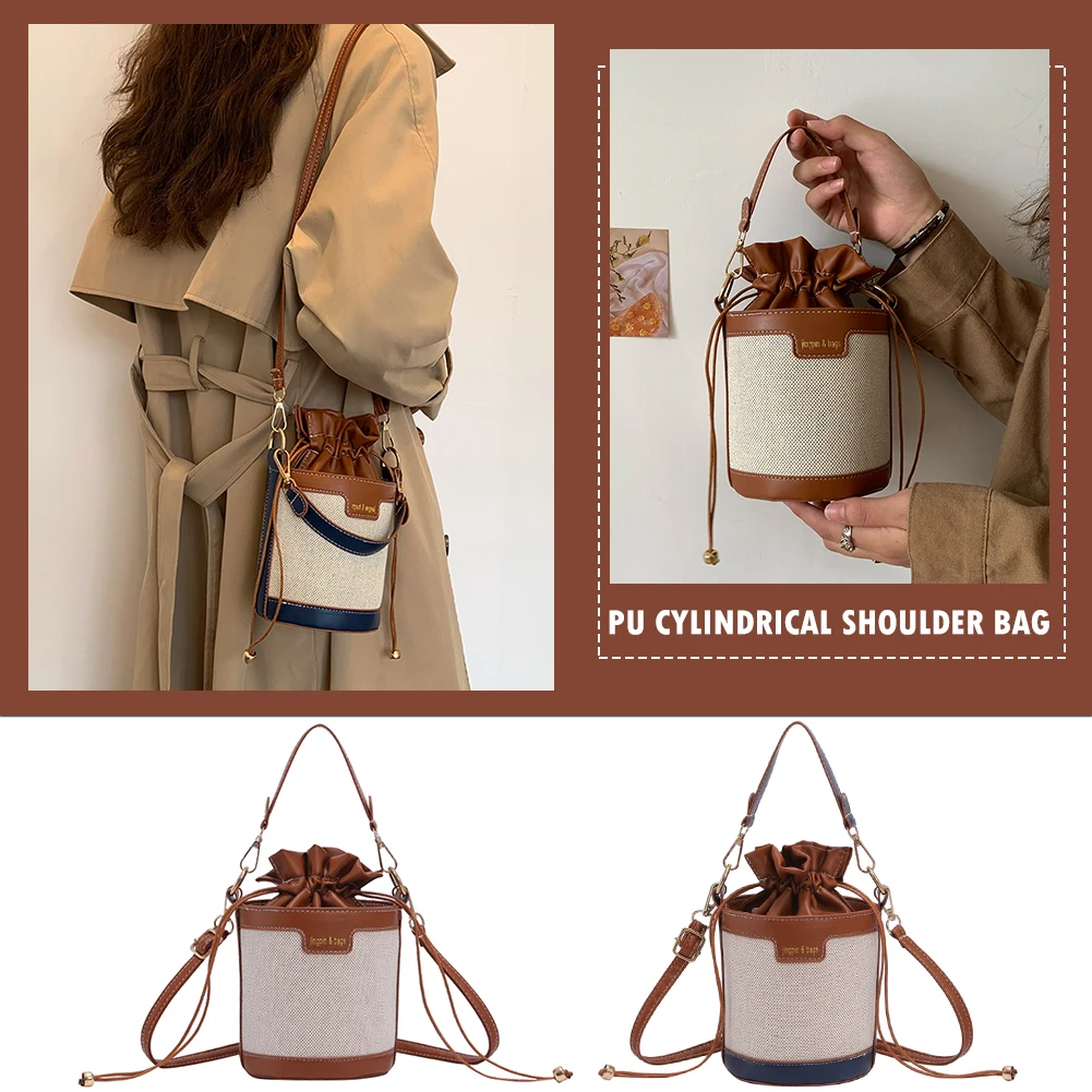 Borsa a tracolla cilindrica vintage patchwork con coulisse, borse a secchiello da donna, mini borsa a tracolla in pelle PU_voghion.com