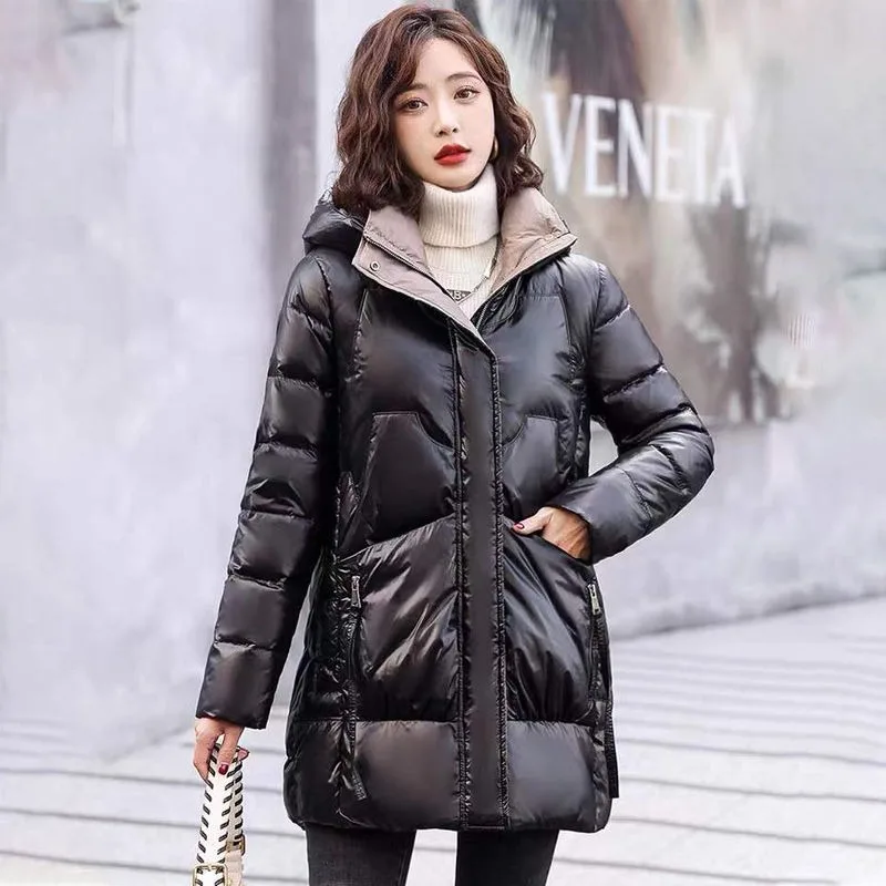 2023 New Women Down Jacket Winter Coat Female Mid Length Version Parkas Loose Thick Warm Outwear Hooded Simplicity Overcoat