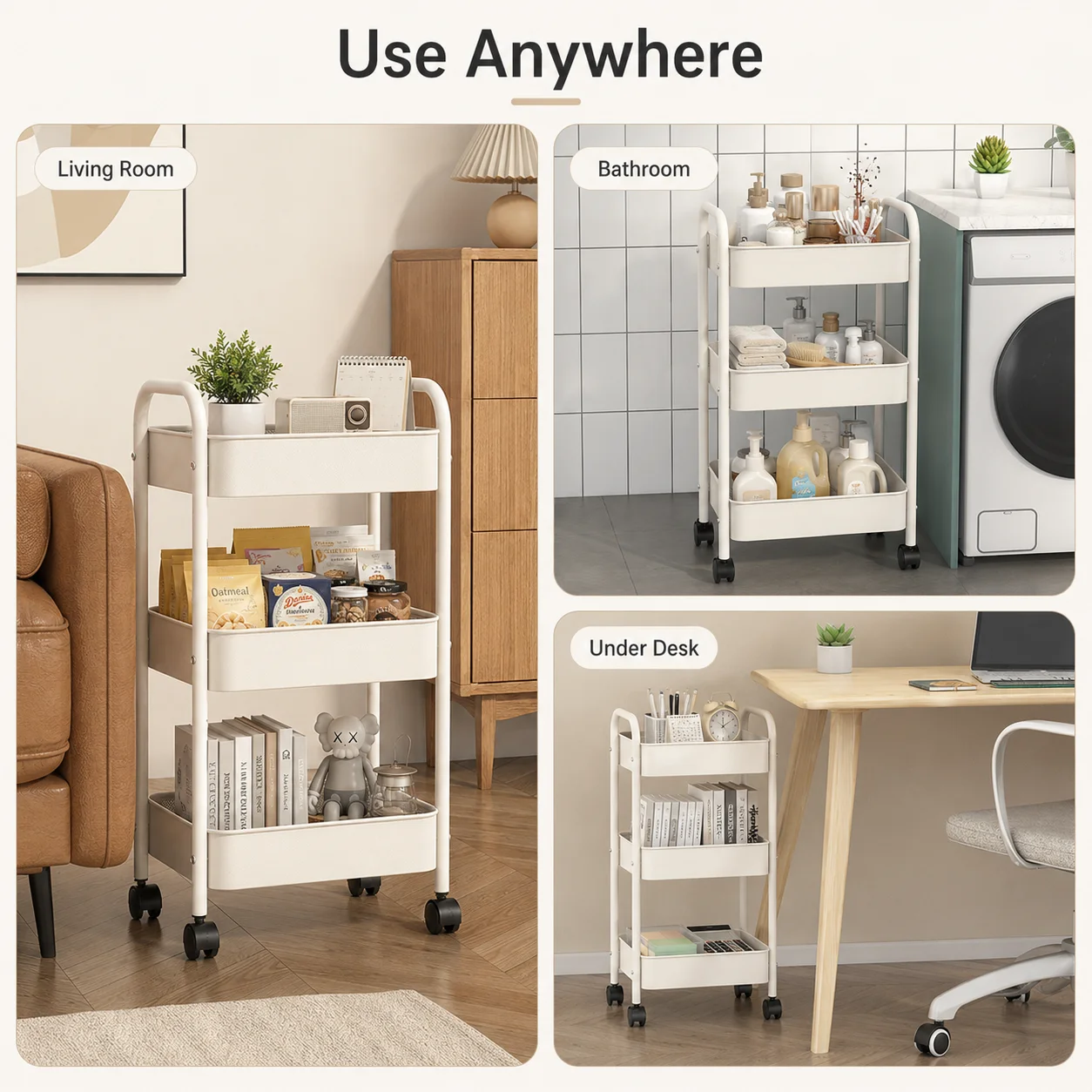 Carrello portaoggetti sottile a 3 ripiani, carrello multiuso in metallo alto 66 cm per cucina, bagno e lavanderia - immagine 6