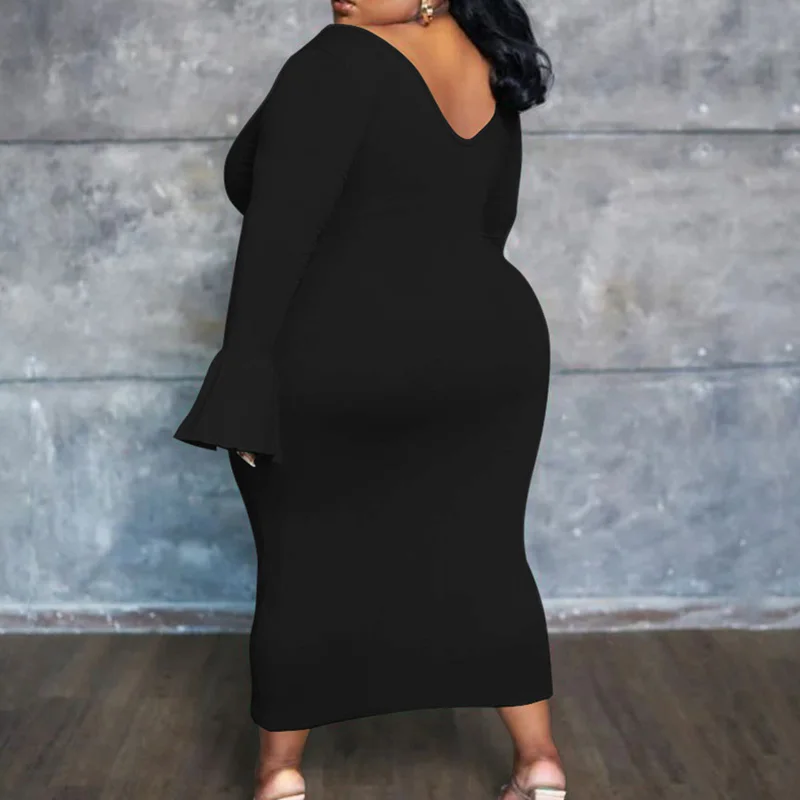 Simplicity Women's Clothing Deep V-Neck Solid Color Flare Long Sleeve Dress Autumn Fashion Casual Plus Size Slim Midi Dresses