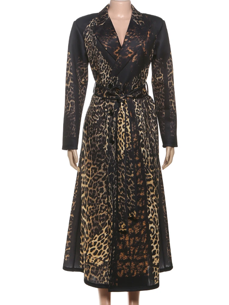 Nibber Lapel Trench Coat Woman Leopard Print High Waist Autumn Trend Bandage Cardigan Full Sleeve Street Fashion Style Clothing