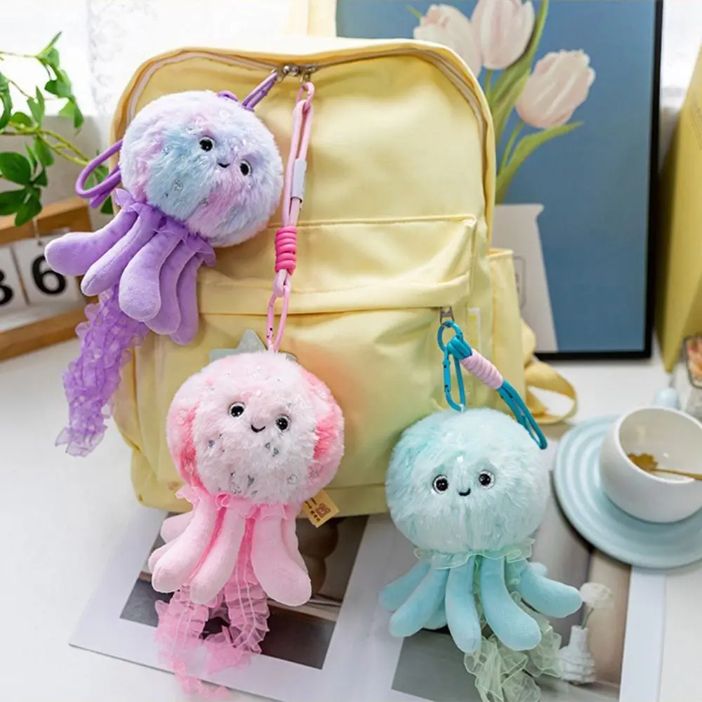 Silk Ribbon Lovely Jellyfish Keychain Creative Octopus Marine Organism Pendant Color Cute Plush Jellyfish Pendant Backpack Decor