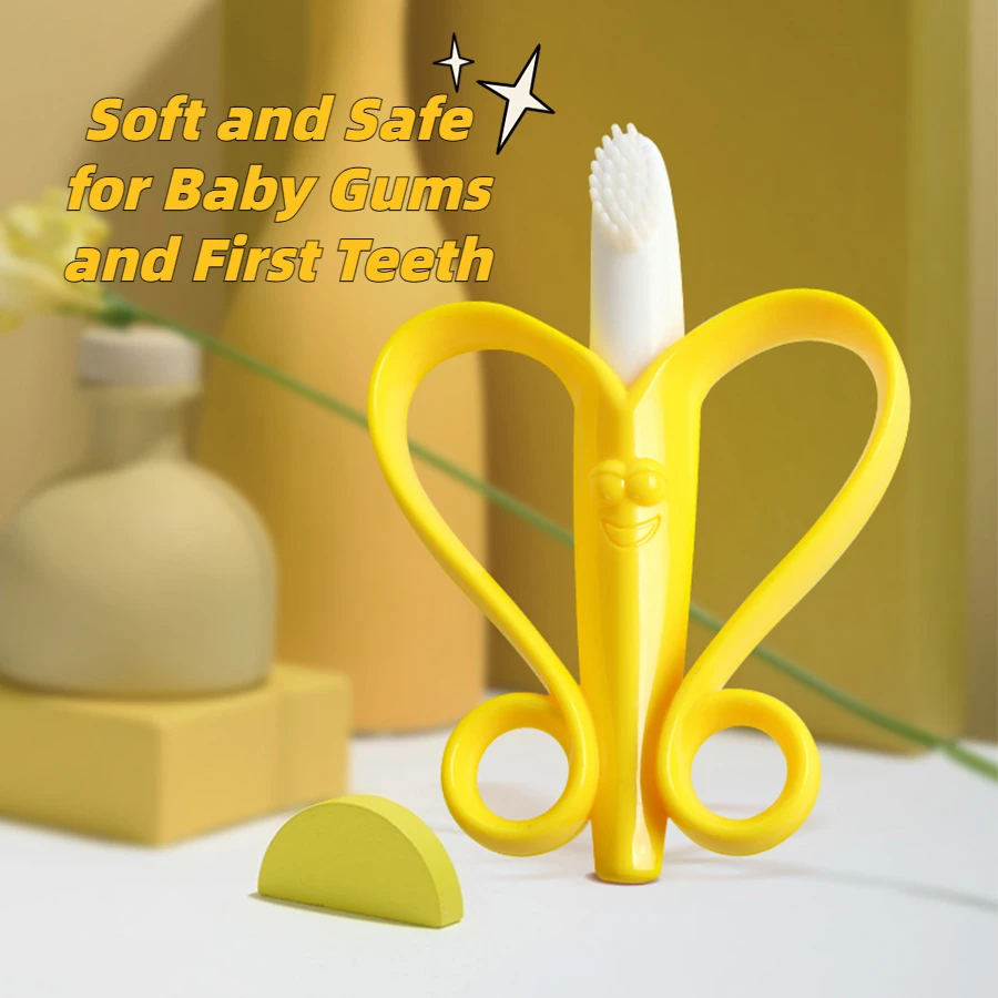 Banana Baby Silicone Training Toothbrush, BPA Free Safe Toddle Teether Chew Toys, Teething Ring Silicone Chew Dental Care Toot 2