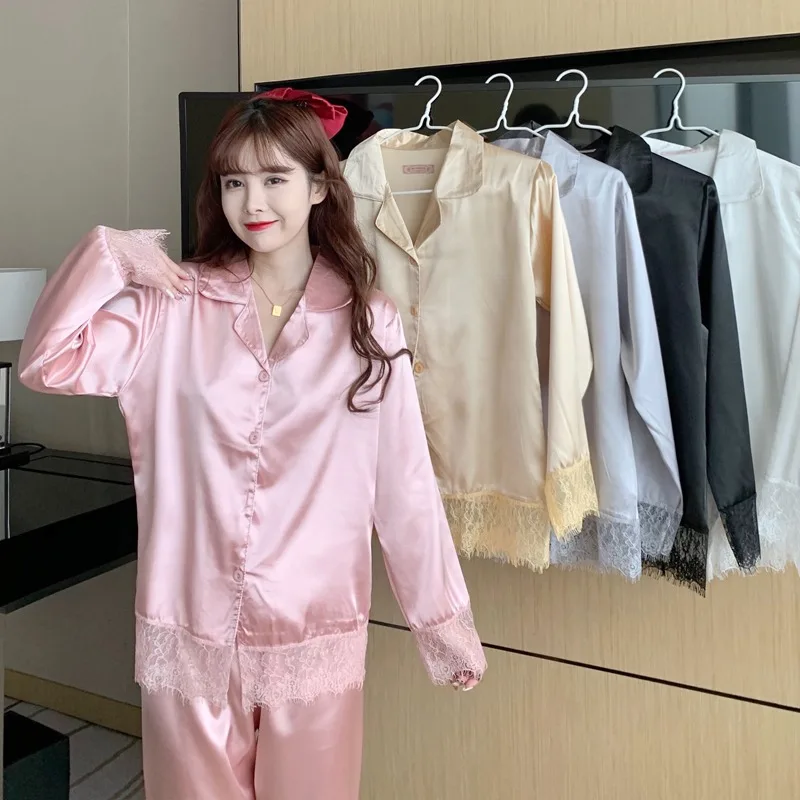 

Шелковая пижама для женщин, однотонная кружевная Пижама, Женский весенне-осенний комплект, Женская атласная пижама из 2 предметов, домашняя одежда