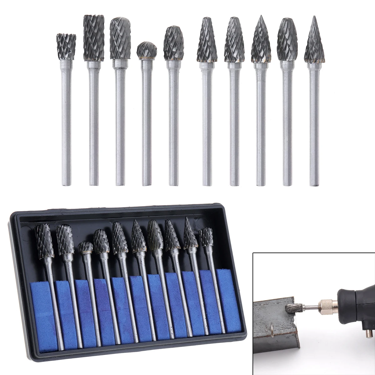 

10pcs/set Rotary Rasp Tungsten Steel Double Texture Milling Cutter 3mm Shank Diameter for Electric Grinding Head Grinding Tools