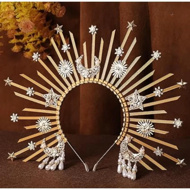 Couronne halo grecque dorée avec soleil et étoiles