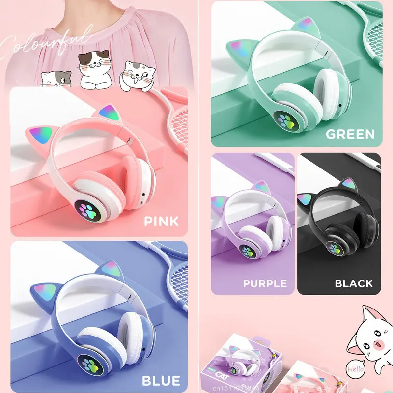 Flash Light Cat Ears Koptelefoon Draadloos Met Mic Control Led Kind Meisje Stereo Schattige Muziek Helm Bluetooth Telefoon Headset Oortelefoon