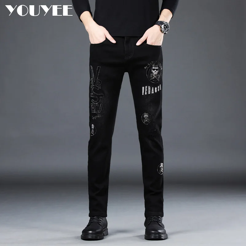 MensBlackPantsNewStyleSlimFittingPrintedHotDiamondJeansFour