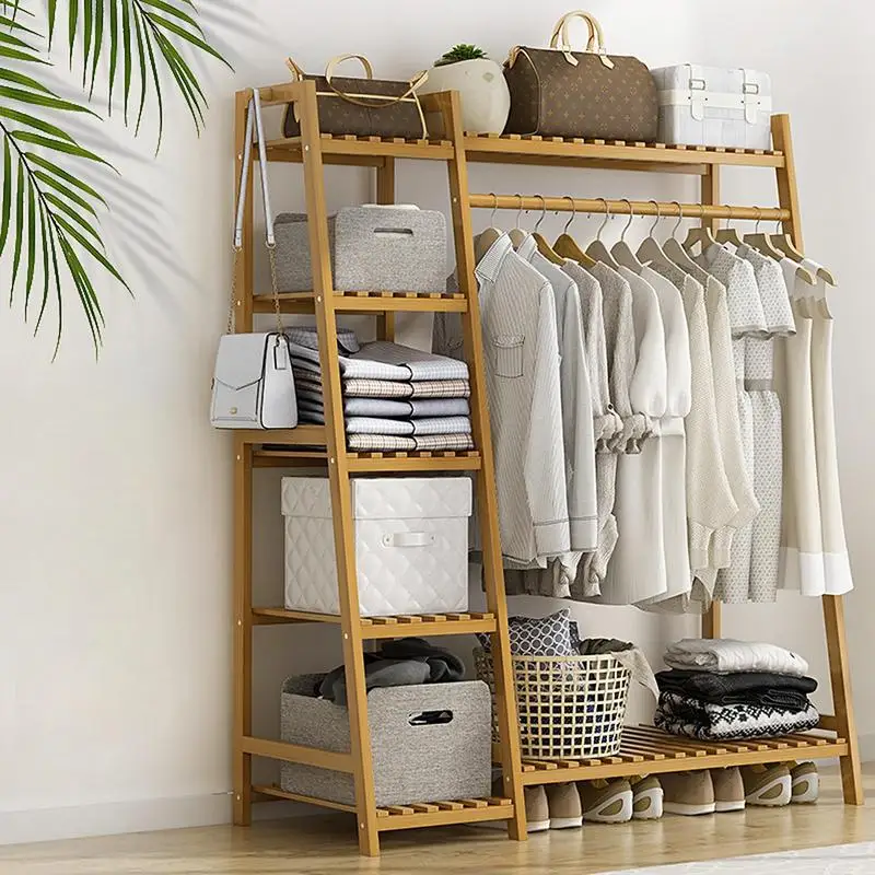 

Floor Garment Rack Home Standing Clothes Shelf with Multi Layers Multi-Function Laundry Organizing Rack for Living Room Bedroom