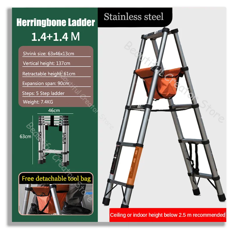 Folding ladder Folding Ladder Telescopic Ladder Herringbone Stainless Steel 5-Step Ladders Stable Stairs Extension Stepladder for Home