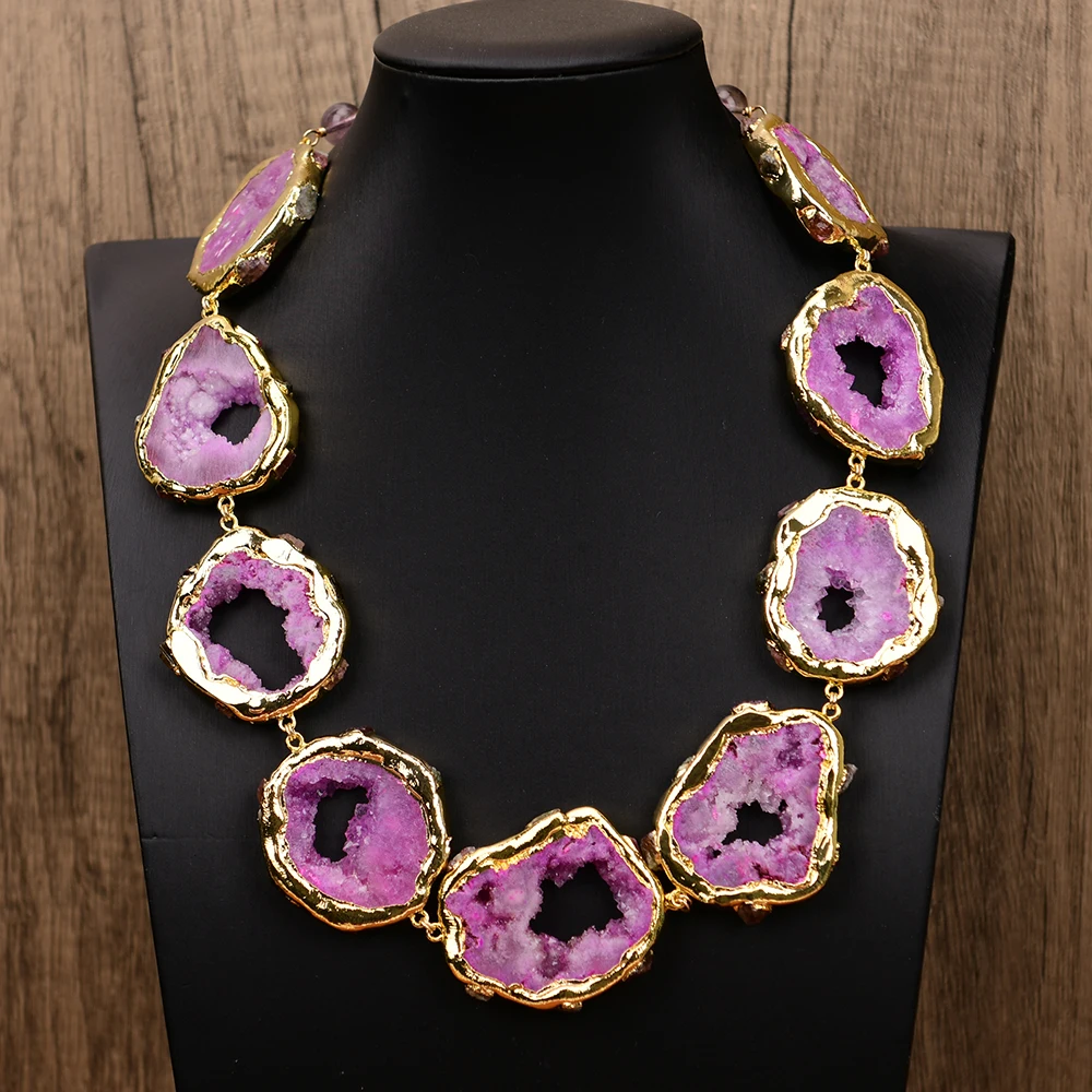 

GG 22" Big Natural Rose Color Agate Slice With Quartz Gold Edge Plated Paved Tourmaline Geode Amethyst Chokers Necklace For Lady