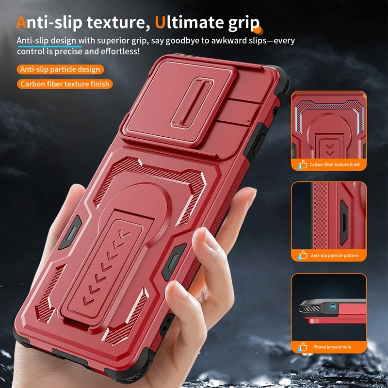 Rugged Military Slide Camera Cover Armor Case with Heavy-Duty Stand and Bumper Protection