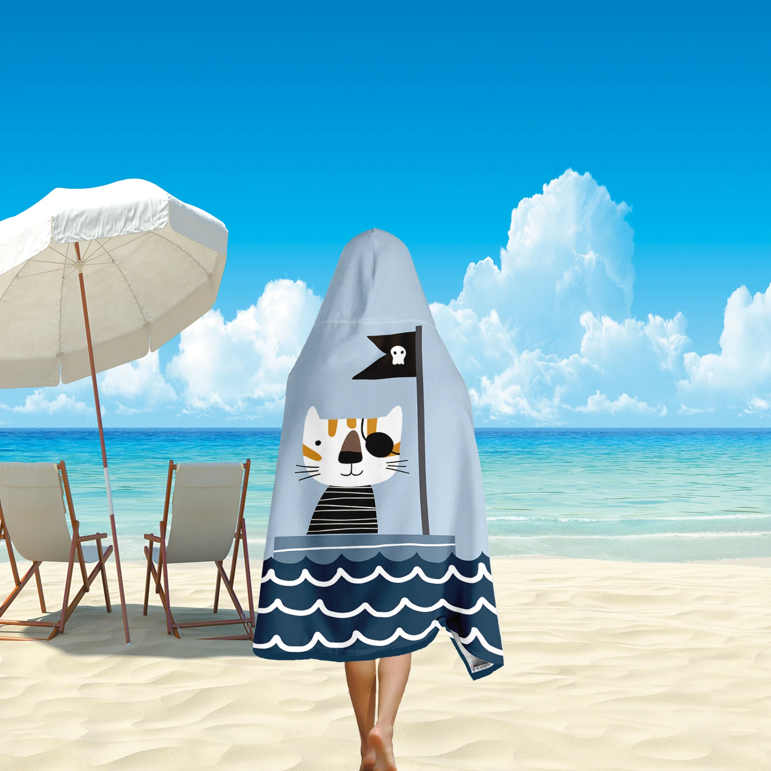 1pc Cartoon Cat Pirate Digital Printing Adult Towel Hooded Bathrobe Quick Dry Skin-friendly Soft Terry Cloth Beach Pool Bathroom