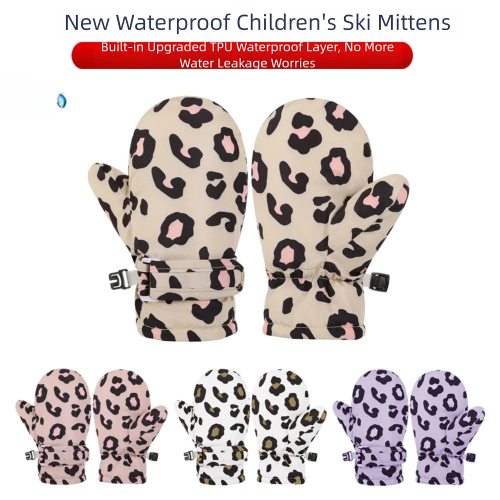Cute Waterproof Children Skiing Gloves Windproof Warm Winter Warm Gloves Leopard Print Mittens for Girls Boys