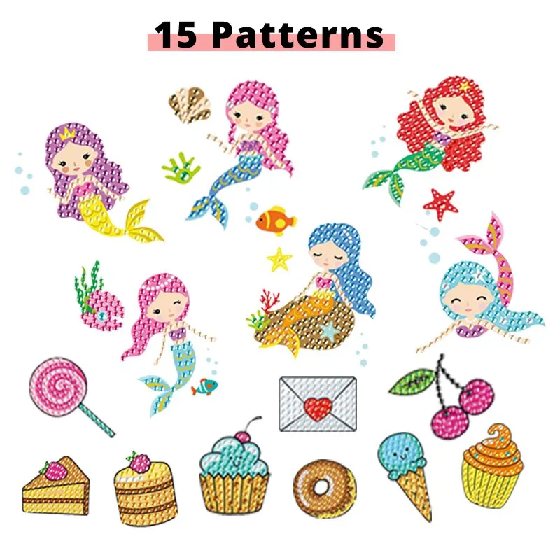 thumbnail image 1 of Kit de 15 patrones de pegatinas para pintar con diamantes brillantes para pegar donde quieras, regalo de decoración hecho a mano perfecto para niñas y niños, 1 of 5