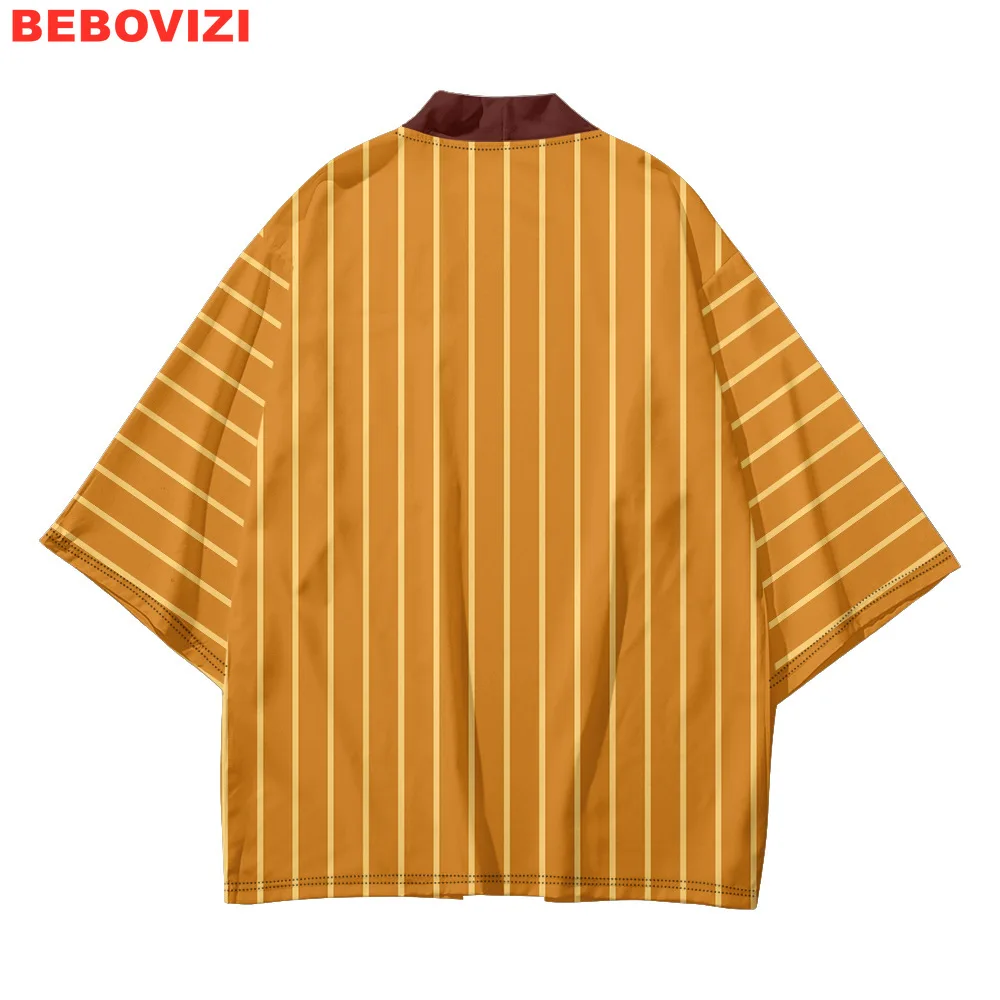 Cosplay Haori Cardigan Beach Yukata Japanese Kimono Casual Traditional Tops Orange Stripe Print Women Men