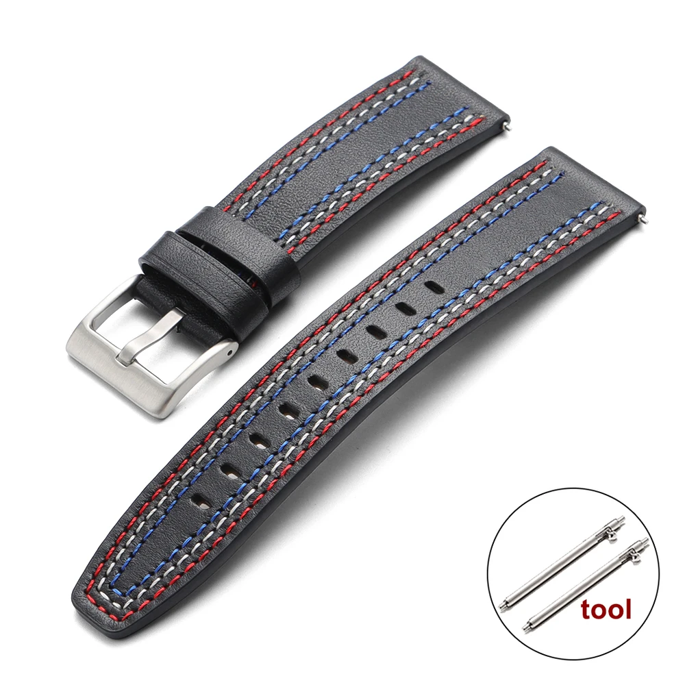 Colorful Stitching Genuine Leather Watch Strap, Universal Replacement, 20mm/22mm